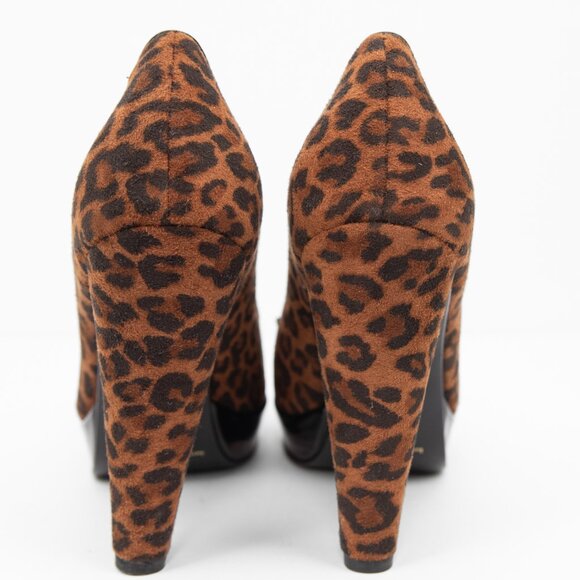 Beverly Feldman Play Along Heels Peep Toe Leopard Print Shoes Brown Black Size 8 - Picture 3 of 8